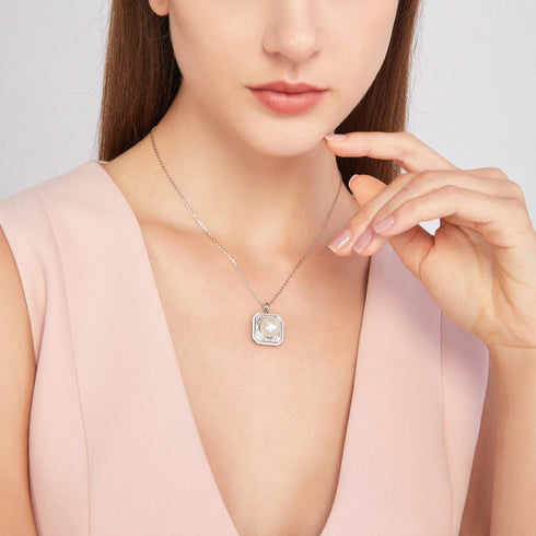 11-12mm Freshwater Pearl & Square CZ Pendant Necklace - House Of Pearls